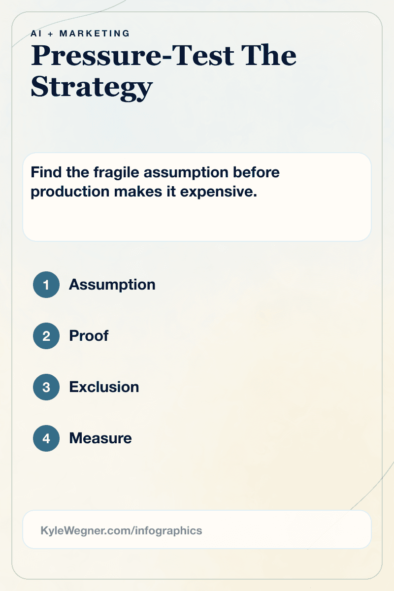 Infographic showing a two-by-two pressure-test matrix for campaign strategy: assumption, proof, exclusion, and measurement.